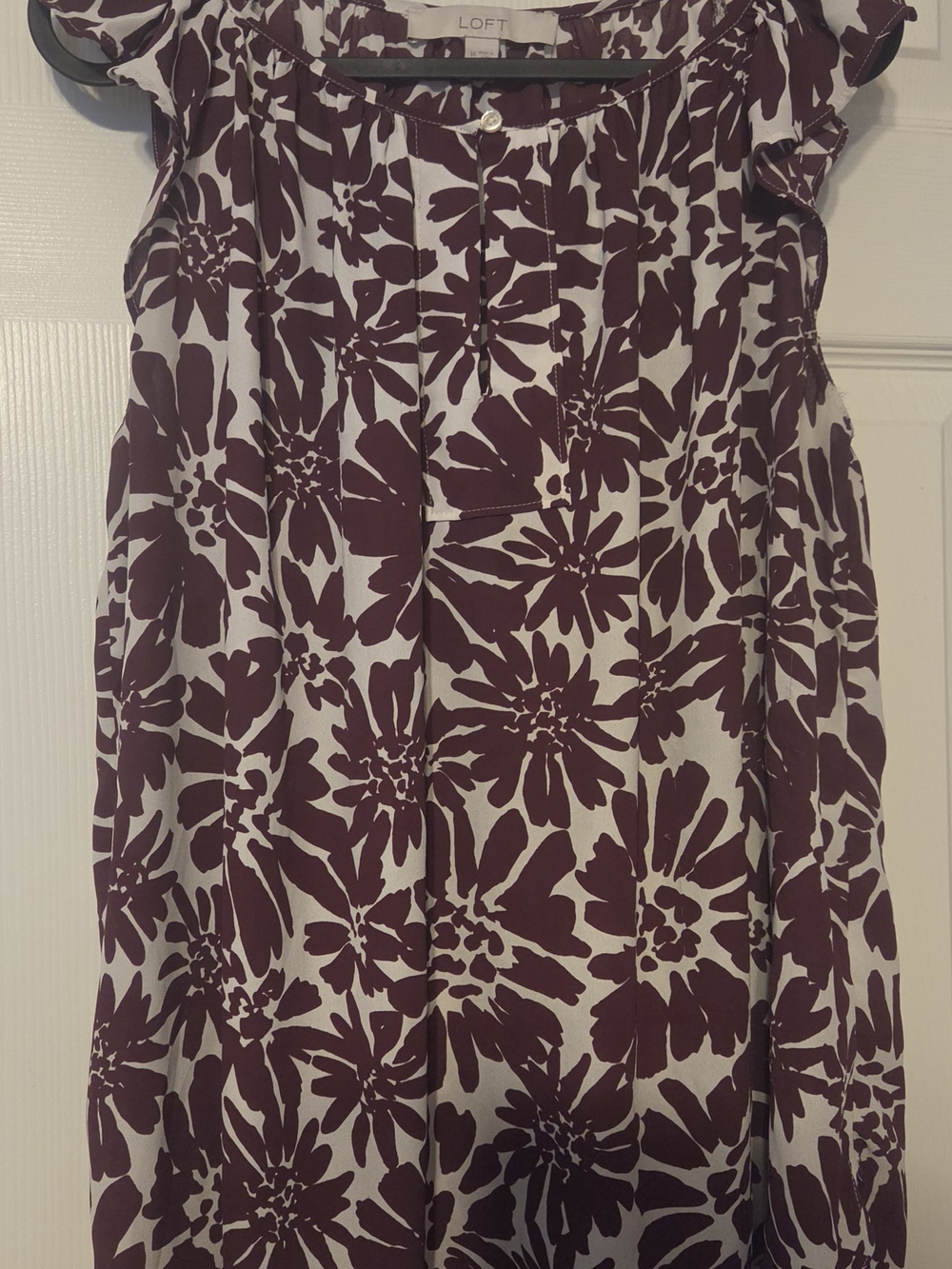 LOFT Burgundy & White Bold Floral Split Neck Sleeveless Blouse